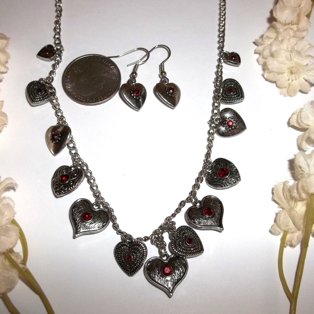 Short Heart Necklace & Earring Ruby Red Rhinestone Silver Costume Jewelry C737 - Picture 2 of 5